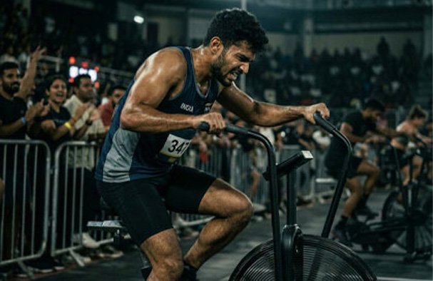 Athlete sprinting on an air bike at full effort