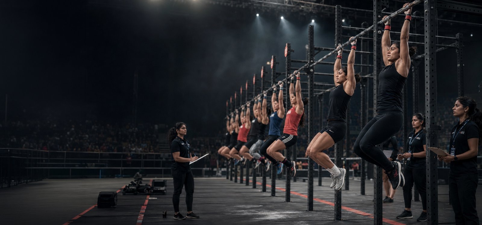 Athletes competing on pull-up rigs under arena spotlights