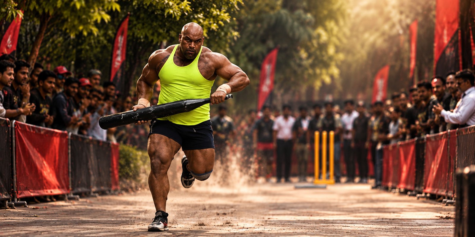 Athlete running with the giant bat during the crowd event