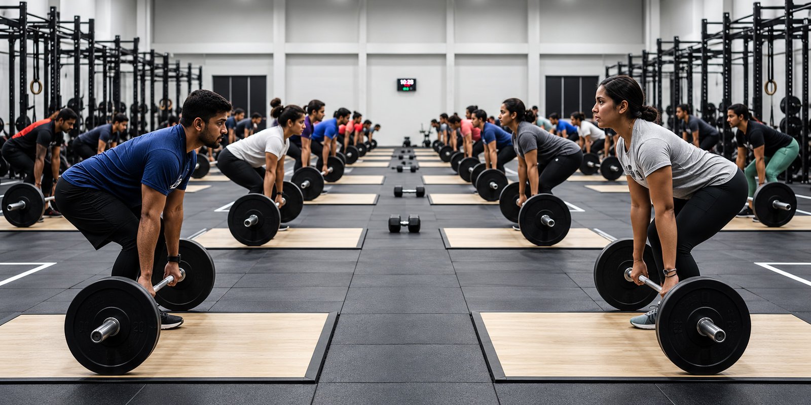 Row of athletes setting up for the deadlift