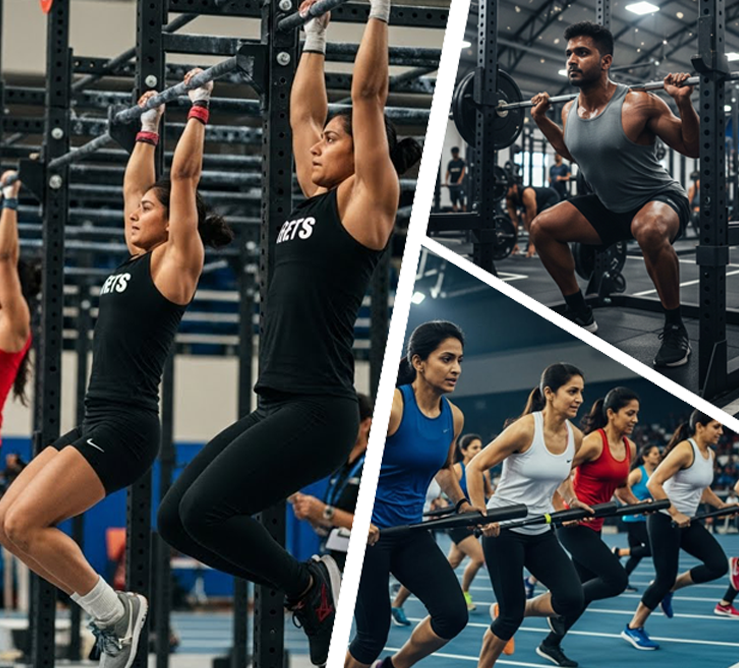 Athletes doing pull-ups, barbell squats and sprints during Last One Standing training