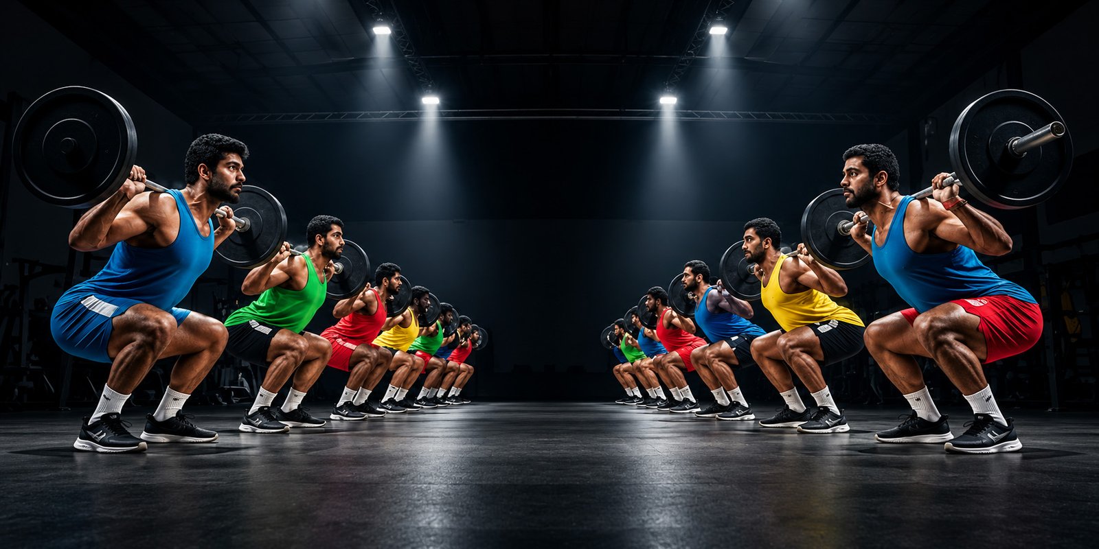 Athletes performing barbell squats in competition